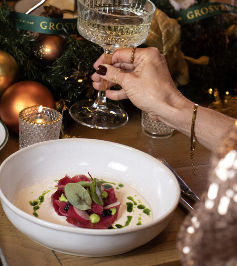 12 img 6363 Elegant festive dining scene with seasonal starter and champagne at The Wellington Arms Basingstoke Road, Stratfield Turgis, Hampshire • RG27 0AS.